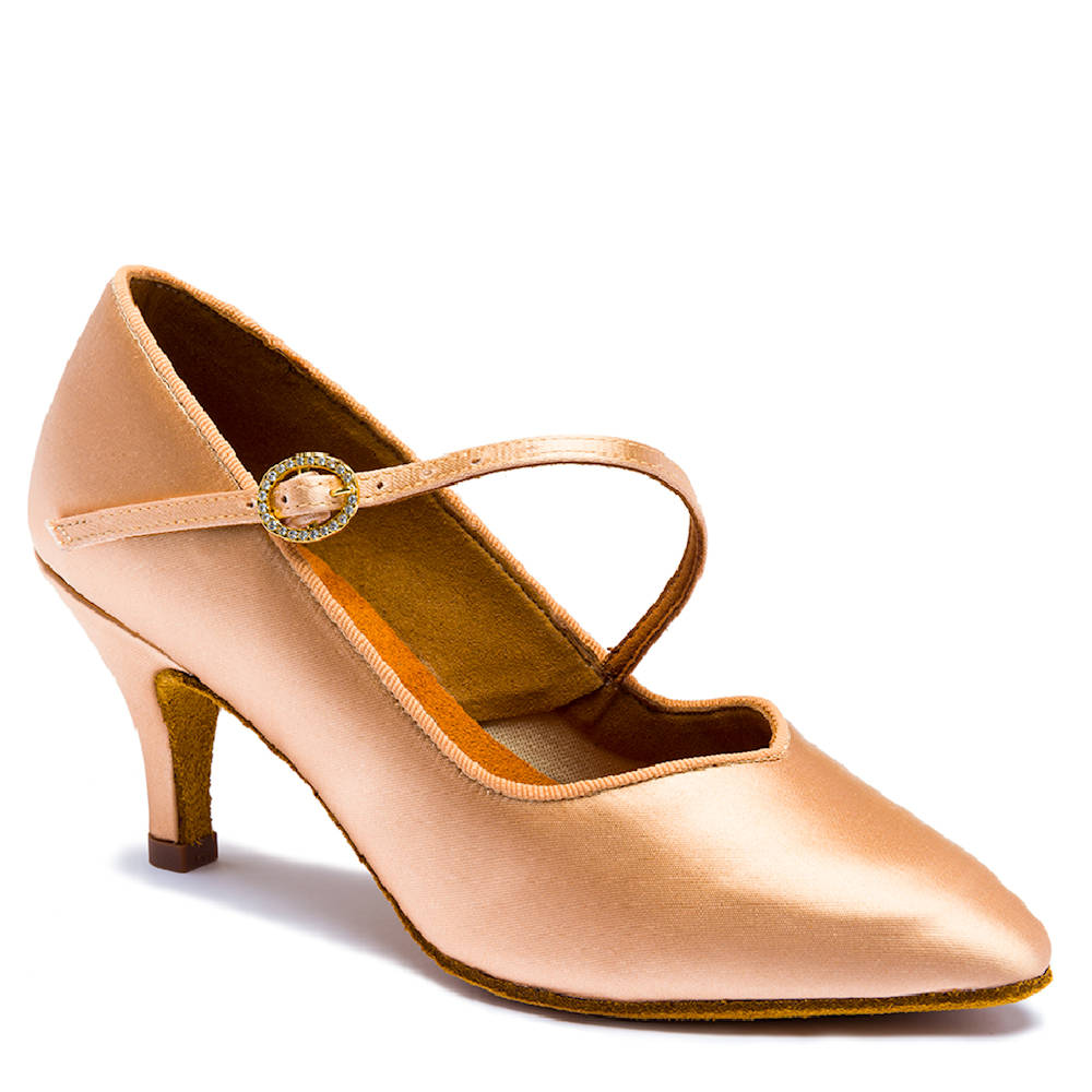 ICS SuperStar SingleStrap - Peach Satin, Ladies Ballroom Dance Shoes (Pictured on the 2.5" Slim Heel)
