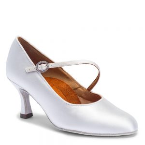Vegan ICS RoundToe SingleStrap - White Satin, Animal Free Ladies Ballroom Dance Shoes (Pictured on the 2.5" IDS Heel)