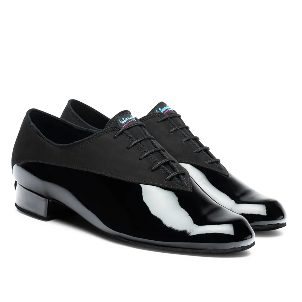 Vegan Pino - Black Patent/Black Nubuck, Animal Free Mens Full Sole Ballroom Dance Shoes (Pictured on the 1" Gibson Heel)