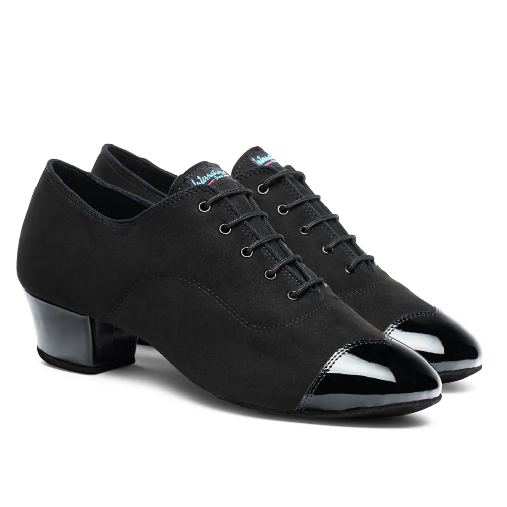 Vegan Rumba Duo - Black Nubuck and Black Patent, Animal Free Mens Latin Dance Shoes (Pictured on the 1.5" Spanish Heel)