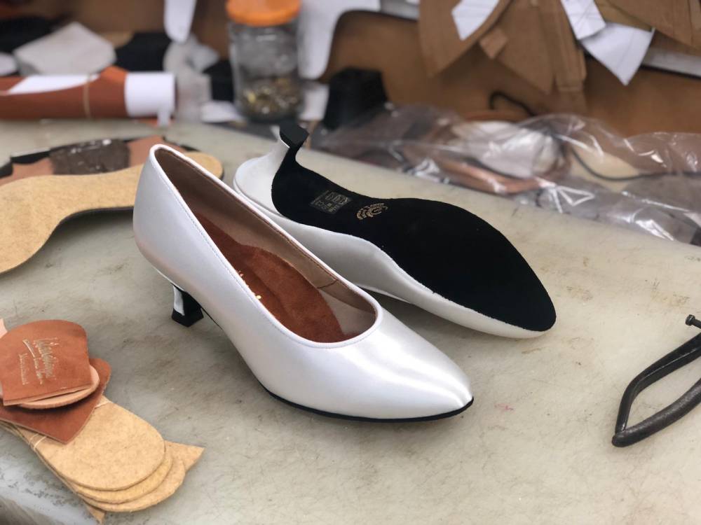 ICS RoundToe SingleStrap - White Satin with Black Soles, Ladies Ballroom Dance Shoes