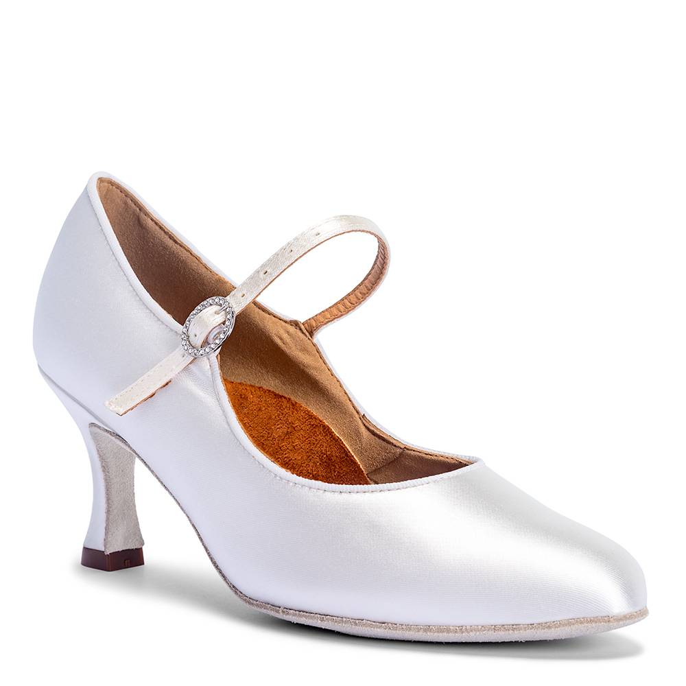 Vegan ICS RoundToe SingleStrap - White Satin, Animal Free Ladies Ballroom Dance Shoes (Pictured on the 2.5" IDS Heel)