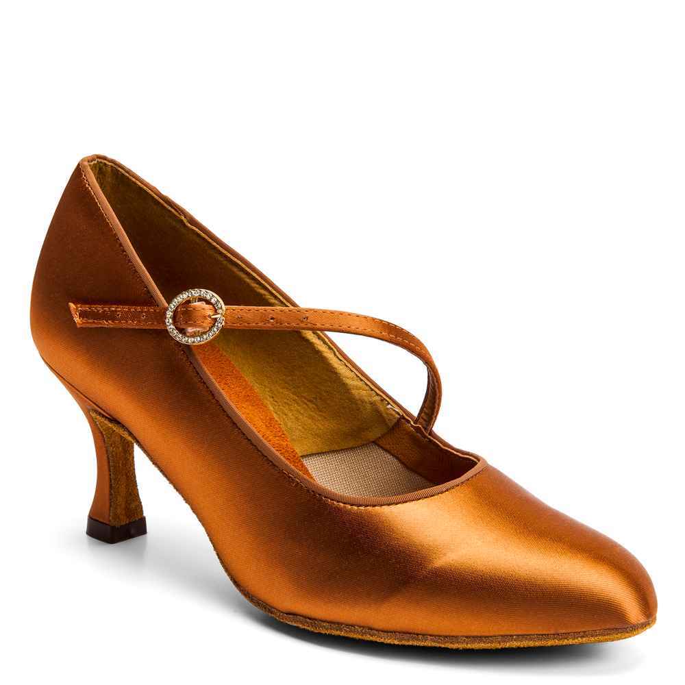 Vegan ICS RoundToe SingleStrap - Tan Satin, Animal Free Ladies Ballroom Dance Shoes (Pictured on the 2.5" IDS Heel)