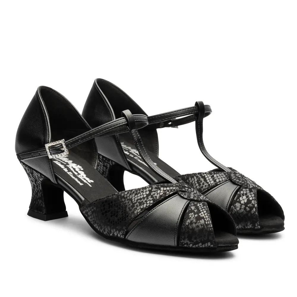 2002 - Black/Black Snake, Ladies Comfort Fit Social Ballroom and Latin Dance Shoes (Pictured on the 2" Teatro Heel)