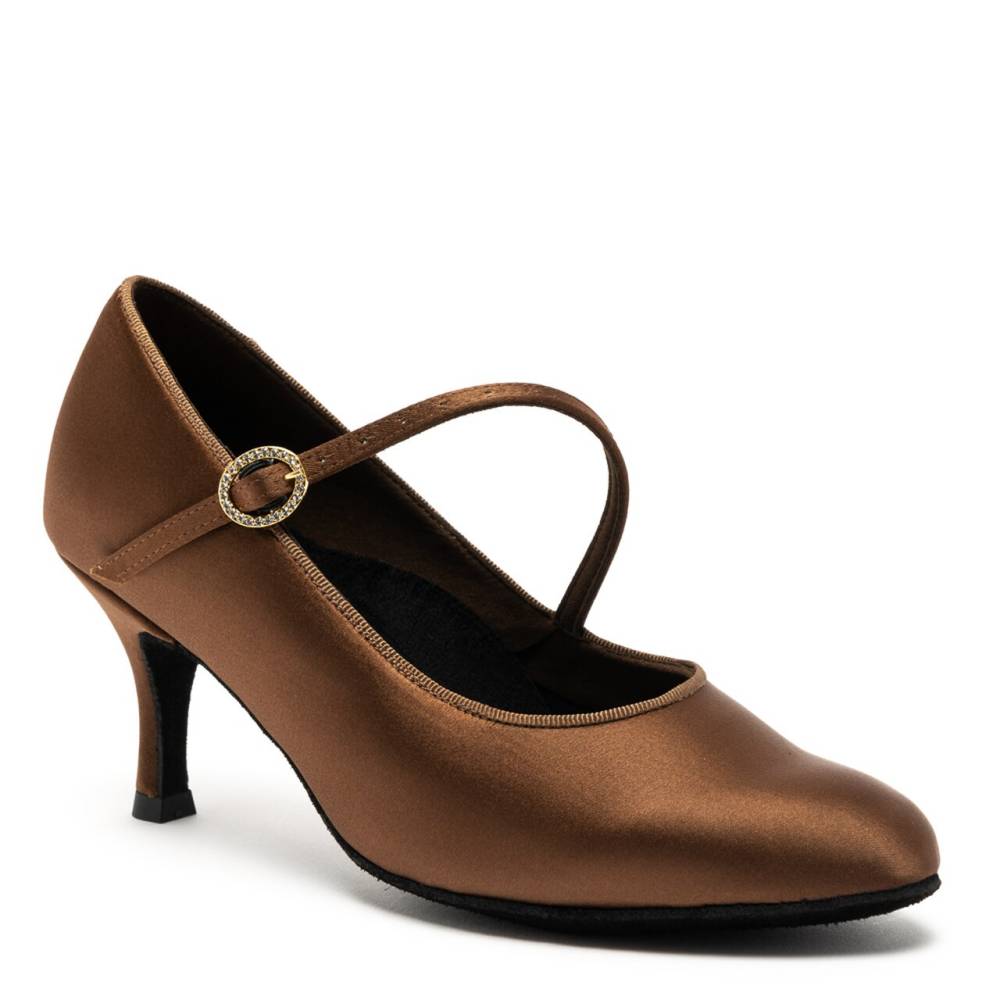 VEGAN ICS RoundToe SingleStrap - Cocoa Satin, Animal Free Ladies Standard Ballroom Dance Shoes (Pictured on the 2.5" Vogue Heel)
