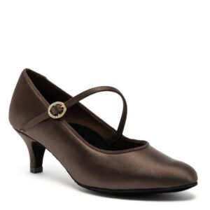 VEGAN ICS RoundToe SingleStrap - Espresso Satin, Animal Free Ladies Standard Ballroom Dance Shoes (Pictured on the 2" Slim Heel)