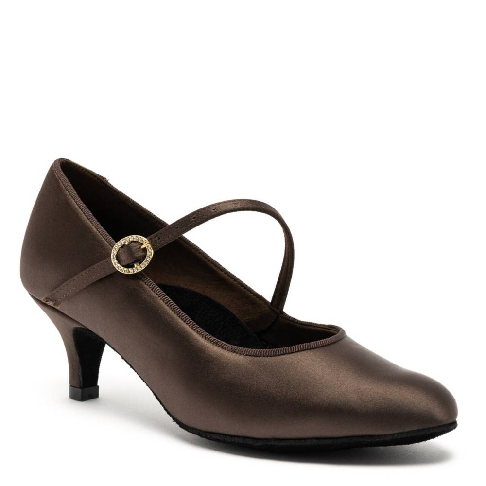 VEGAN ICS RoundToe SingleStrap - Espresso Satin, Animal Free Ladies Standard Ballroom Dance Shoes (Pictured on the 2" Slim Heel)