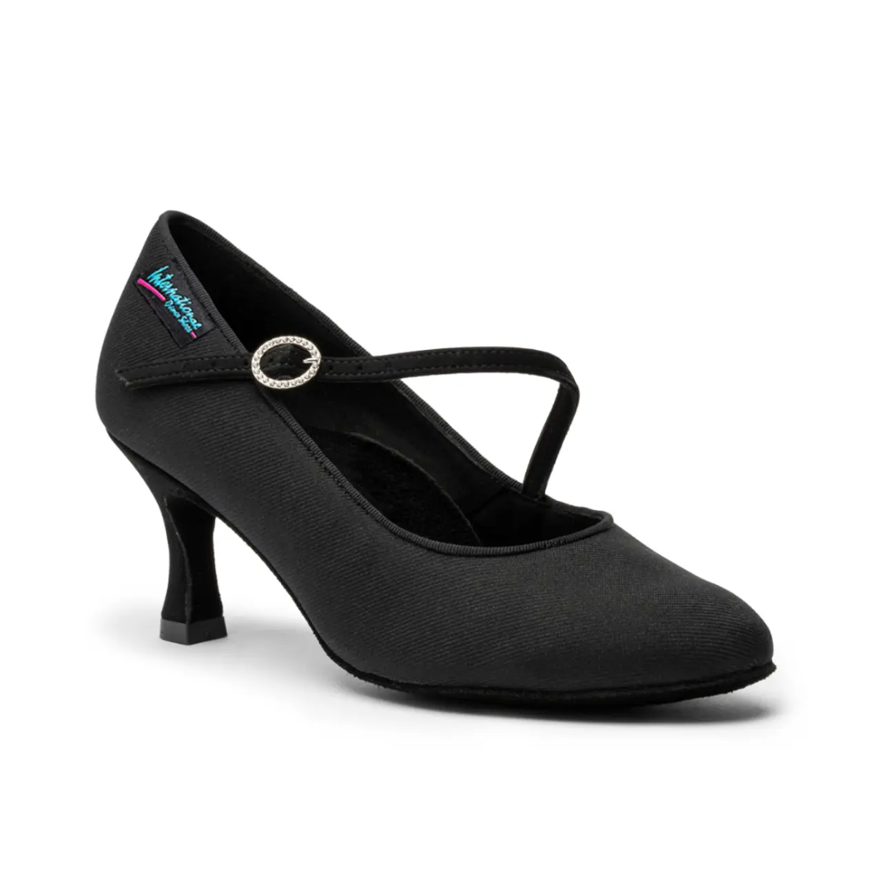 Vegan ICS RoundToe SingleStrap - Black Lycra, Animal Free Ladies Ballroom Dance Shoes (Pictured on the 2.5" IDS Heel)